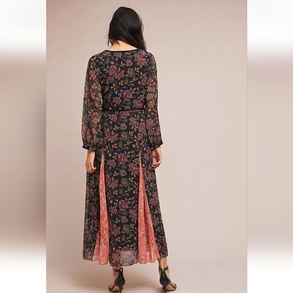 Anthropologie LAIA Ines Maxi Dress Black Floral Pleated Flare Sheath Small - Picture 4 of 9